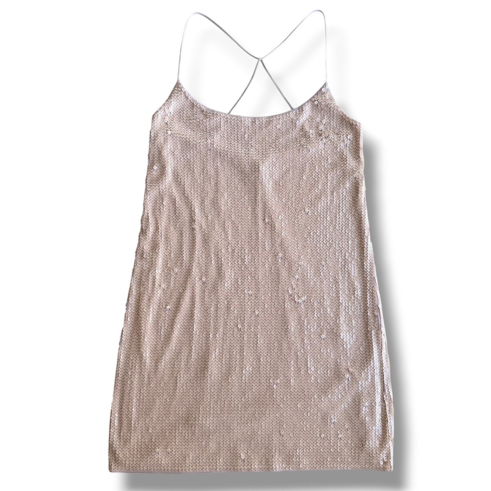 Express Women's Sm Champagne Pink Sequins Crisscross Back Mini Dress Party Glam